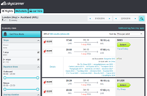London - Auckland: The cheapest flight (click to enlarge)