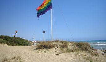 Italy, Lazio, Capocotta beach, flag