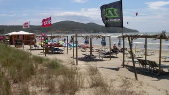 Italy, Tuscany, Scarlino beach, tents