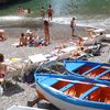 Italy, Cala di Furore beach, sunbeds