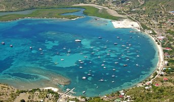 Grenada, Carriacou, Tyrell Bay beach, aerial view