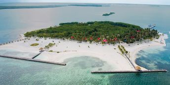 Belize, Turneffe, Turneffe Island Resort beach, aerial view