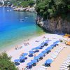 Croatia, Dubrovnik, Sveti Jakov beach, blue parasols
