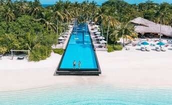 Maldives, Shaviyani, Sirru Fen Fushi island, beach pool, aerial view