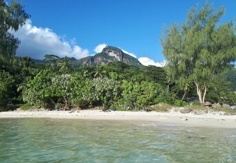 Seychelles, Mahe, Port Glaud Lagoon beach, view from water