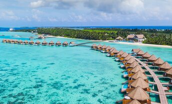 Maldives, Gaafu, Kooddoo island, water villas, aerial view