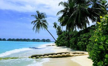 Maldives, Gaafu, Havoddaa island, beach, sand bags