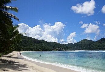 Seychelles, Mahe, Baie Lazare public beach, view to east