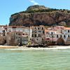 Italy, Sicily, Cefalu beach, mountain