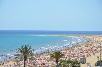 Spain, Canary Islands, Gran Canaria island, Playa del Ingles beach, aerial view