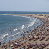 Spain, Canary Islands, Gran Canaria island, Playa del Ingles beach, umbrellas