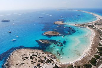 Spain, Platja de Ses Illetes beach, aerial view