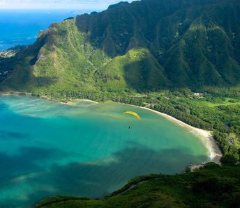 Hawaii, Oahu island, fly over Kahana Bay beach