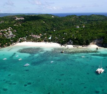 Philippines, Boracay island, Diniwid Beach, aerial view from the sea