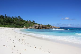 Seychelles, La Digue, Anse Cocos beach, white sand