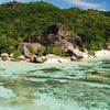 Seychelles, La Digue, Anse Source d'Argent beach, aerial view